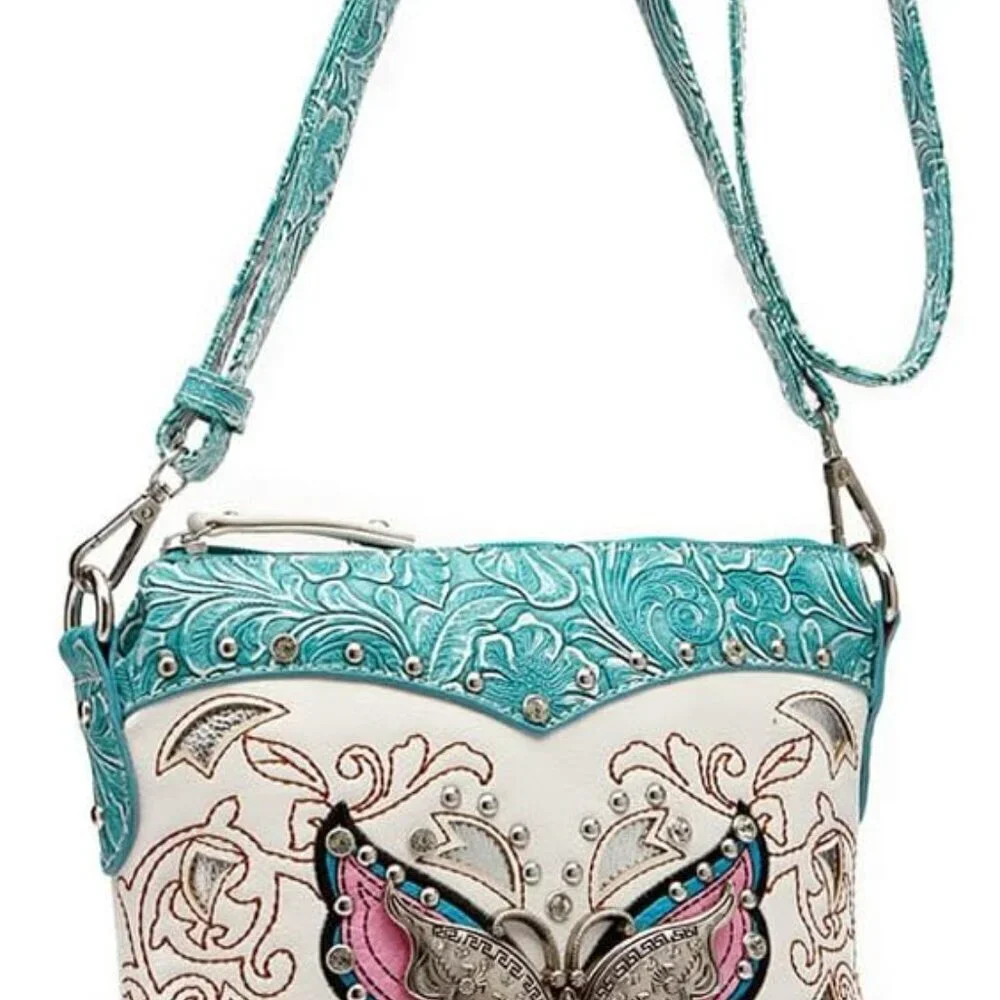 Western Style Leather Purse Women Rhinestone Butterfly Floral Crossbody Bag